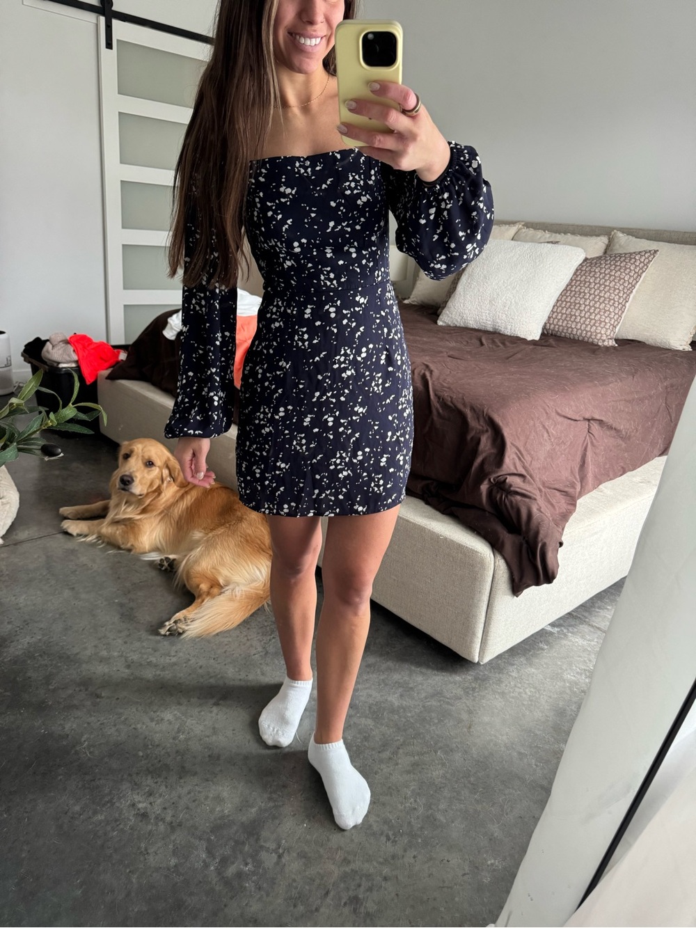 Square-Neck Long-Sleeve Mini Dress in Navy
